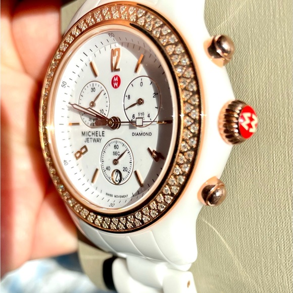 New Rose Gold Michele Diamond Jetway White Ceramic Women's Watch - Picture 2 of 8